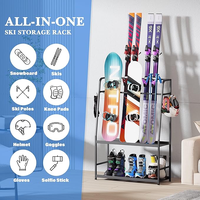 Ski Rack for Garage,Freestanding Snowboard Rack for Ski,Snowboard, Ski Boot,Poles, Goggles, Helmet and More, Heavy Duty Steel Floor Stand Ski Organizer for Garage Basement