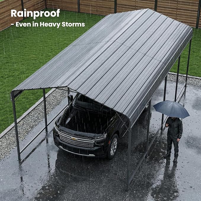 SUNBURY 10 x 20 ft Heavy Duty Metal Carport for Vehicle Storage, Canopy with Galvanized Steel Roof, Outdoor Steel Car Shelter with Metal Frame, for Cars, Boats, Pickups and Tractors, Gray