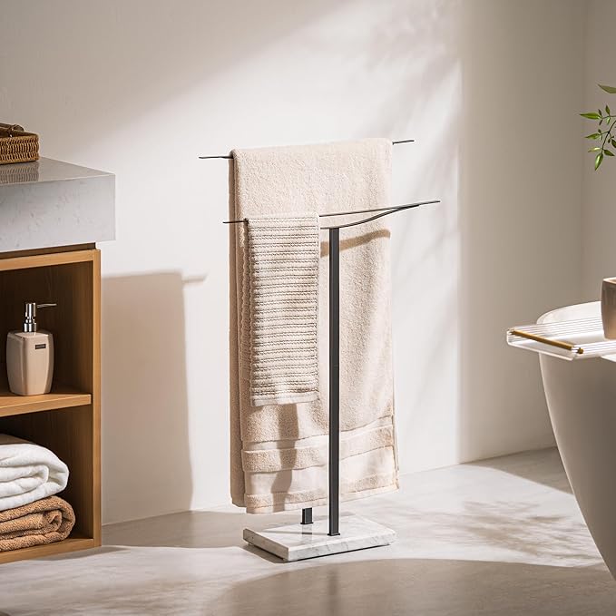 Bathroom Towel Rack Freestanding Floor Stand: Black 33in 2‑Bar Weighted Marble Base Towel Holder, Rustproof 304 Stainless Steel Drying Rack for Bath&Hand Towels, No‑Drill Slim Organizer, Spa Pool