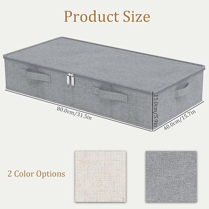 Underbed Storage Box, Foldable Under Bed Bins Container, Organizer Baskets with Lid for Organizing Clothes, Sheets, Pillows, Comforter, 31.4x15.7x5.9in, Grey, 3 Pack