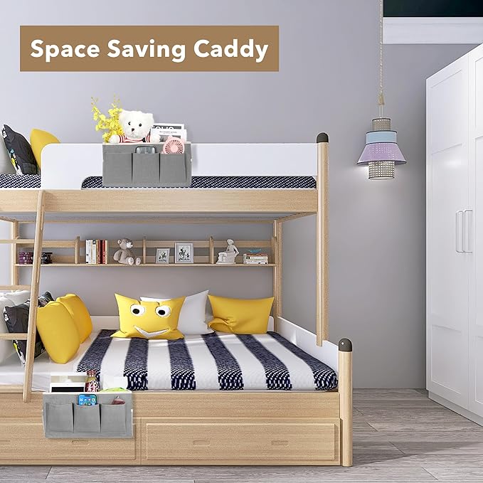 Bedside Caddy Hanging Storage Bag, Organizer Baskets with Pockets for Bunk Bed Accessories, Loft & Dorm Rooms Chair Bed Rails (Gray)