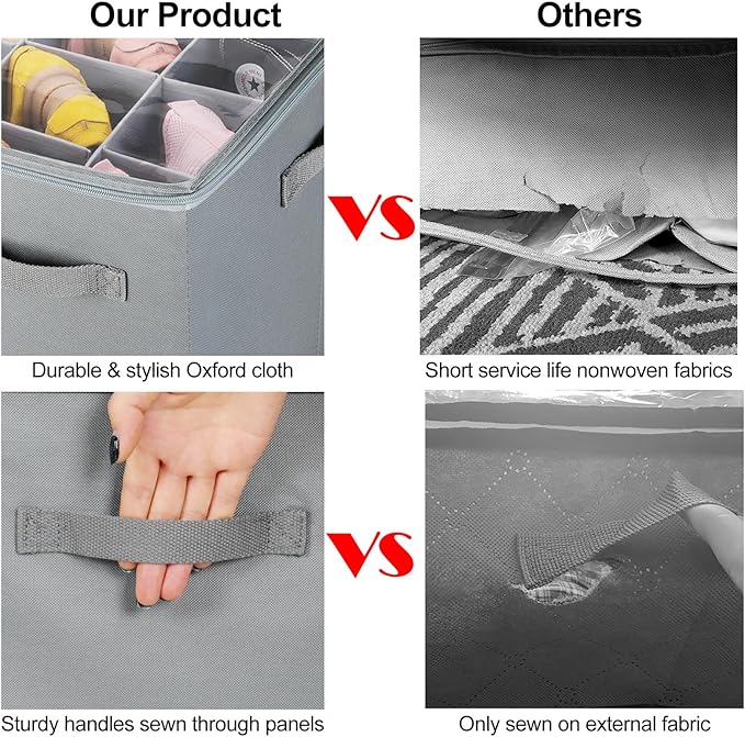 Shoe Organizer for Closet 2 Pack, Foldable Shoe Box with Adjustable Dividers and Clear Cover, Space Saving Shoe Storage Organizer Cabinet with Reinforced Handles, Fits 40 Pairs, Gray, TP11G