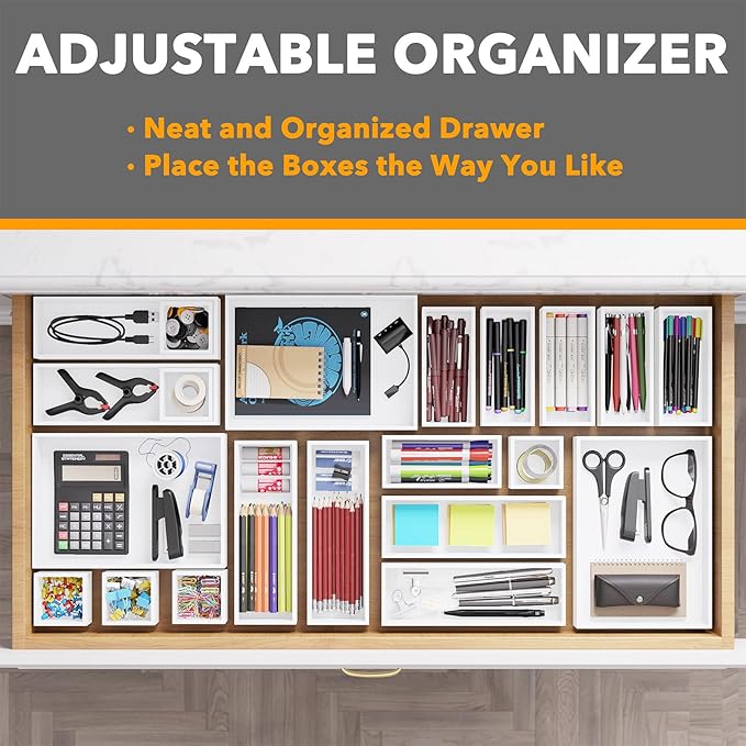 SpaceAid 21-Piece Bamboo Drawer Organizer Storage Boxes Set, Wood Tray Junk Drawer Organizers Multi-Use Divider Bins for Kitchen, Bathroom, Office Desk and Makeup Organization (21 Pack, White)
