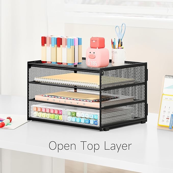 Lavatino 3-Tier Letter Tray Desk Paper Organizer – Black Mesh Metal File Tray Organizer for Desk, Office Supplies & Home Organization | Fits A4/Letter Paper, Mail, Magazines and Office Accessories
