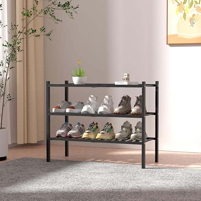 3 Tier Bamboo Shoe Rack for Closet Free Standing Wood Shoe Shelf Storage Organizer for Entryway Small Space Stackable 27"x11"x20" (Black)