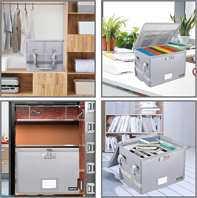 ENGPOW File Box with Lock, Fireproof Document Box with Zipper＆Pockets, Collapsible File Organizer Filing Storage Cabinet with Handle, Portable Home Office Safe for Hanging Letter/Legal Folder,Silver