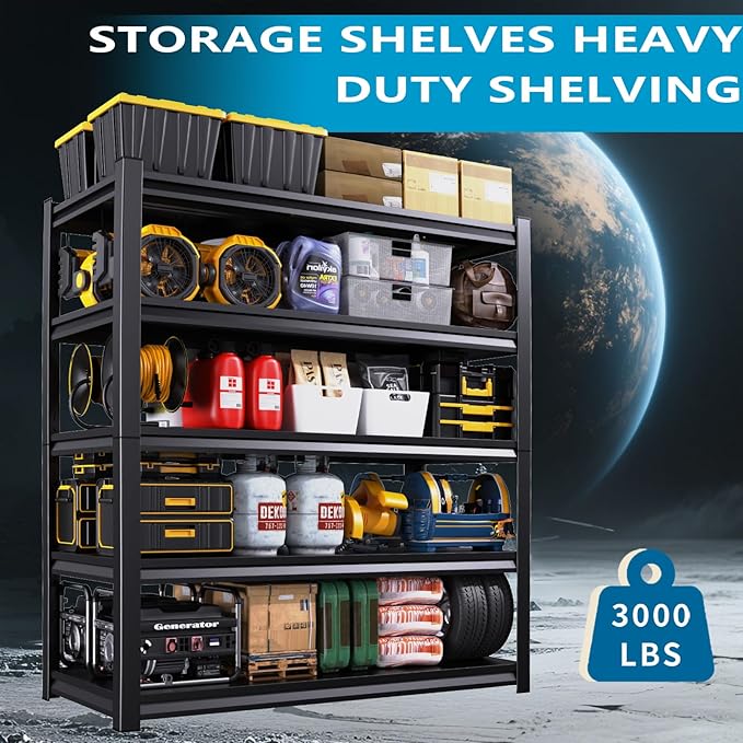 72''H Garage Shelving Heavy Duty 5-Tier Adjustable Storage Shelves Unit,3000 LBS Metal Utility Rack Shelf for Industries, Warehouses, Basement,Black (72''H x 36''W x 12''D)
