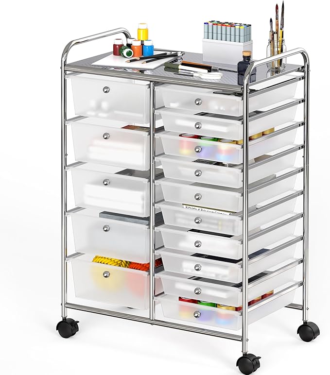 Simple Houseware Utility Cart with 15 Drawers Rolling Storage Art Craft Organizer, Chrome