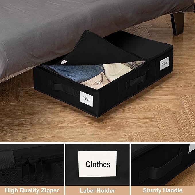 Under Bed Storage with Wheels, 2 Pack Under Bed Storage Containers with Label Holders for Clothes, Shoes and Blankets, Rolling Underbed Shoe Organizer with Cover, Black (23.6 x 15.7 x 7.28 in)