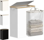 efluky Slim Laundry Basket with Lid, Narrow Laundry Hamper with Removable Bag, Skinny Dirty Clothes Basket with Bamboo Handles for Bathroom, Bedroom & Laundry Room, 65L White