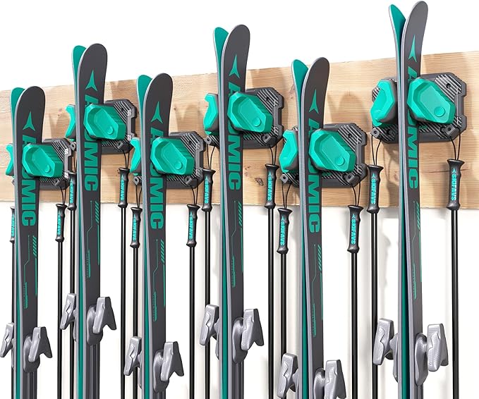Ski & Snowboard Wall Rack for Garage Wall Fits Any Ski/board, Ski Wall Mount Holders Damage-Free Storage Rack, Garage Organization Space-Saving Winter Gear Organizer, Green, 6 Pack
