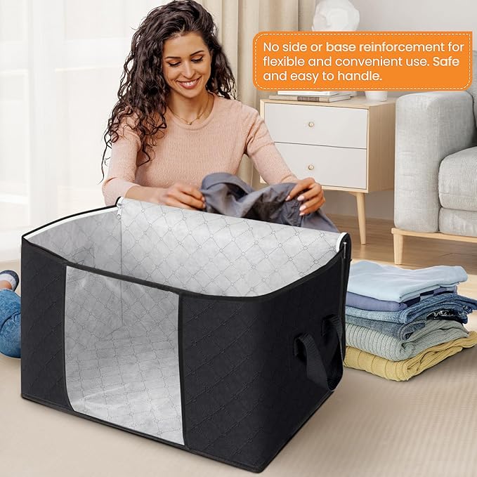 Fab totes 24 Gallons Clothes Storage, Foldable Thick Fabric Blanket Storage Bags, Containers for Organizing Bedroom, Closet, Clothing, Comforter, Organization with Handle (4 Pack,Black)