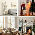 Farmhouse Wooden Blanket Ladder Living Room with Removable Hooks, 6-Tier Blanket Rack Decorative Stand, Leaning Towel Quilt Rack Holder for Bathroom Decor Rustic White