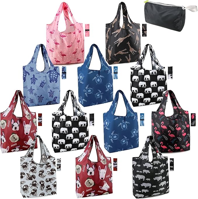BeeGreen Animal Reusable Grocery Bags Bulk 12 Packs X-Large50LBS, Reusable Shopping Bags Foldable for Groceries, Vegetables, Fruits Watertight Bulk Tote Bags Washable For Women Men