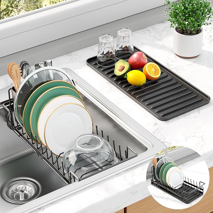 Kitsure Dish Drying Rack - Expandable Dish Rack for Kitchen Counter, Over Sink Or in Sink, Space-Saving Plates Dryer with Cutlery Holder & Drip Tray, 14.0"-20.9" L x 6.3" W x 8.0" H, Black