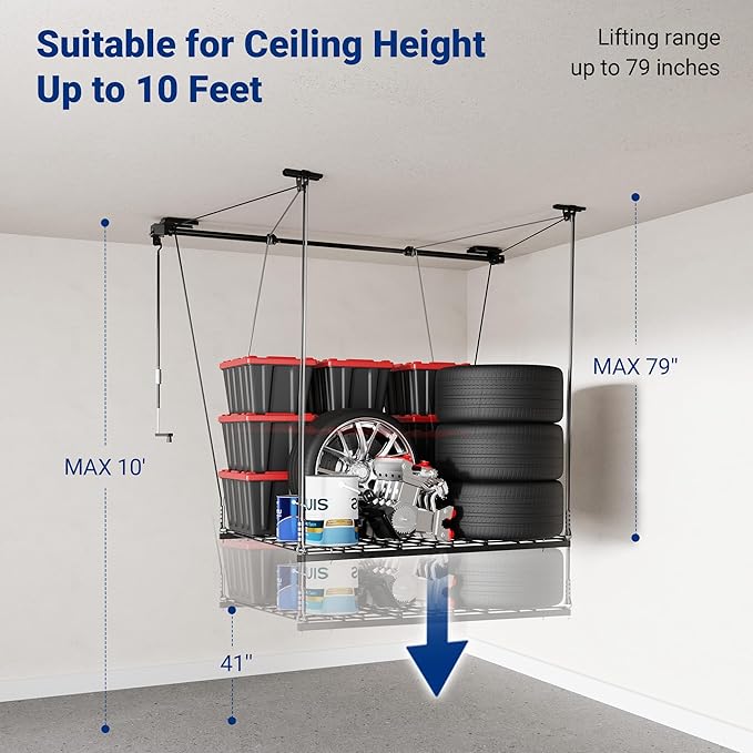 FLEXIMOUNTS Garage Ceiling Lifting Storage Rack, 4x4 Ft Heavy-Duty Metal Frame, Overhead Storage System With 350lbs Load Capacity, Matt Black