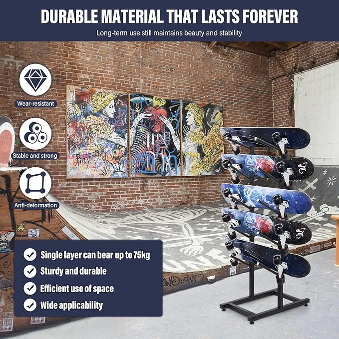 5 Tier Freestanding Skateboard Rack Double-Sided 50x30x110cm Heavy Duty Skate Board Display Hanger Rack Hold 10 Storage Longboard Deck Organizer for All-Mountain, Wide, Powder, Back-country Skis