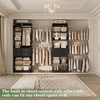 Closet System, Up to 128.6"/10.7 FT Closet Organizer with 4 Wooden Drawers and Shelves, Walk-in Closet System with 6 Hanging Rods, Built-in Closet Can Fit 96"/8FT, 120"/10FT, Black