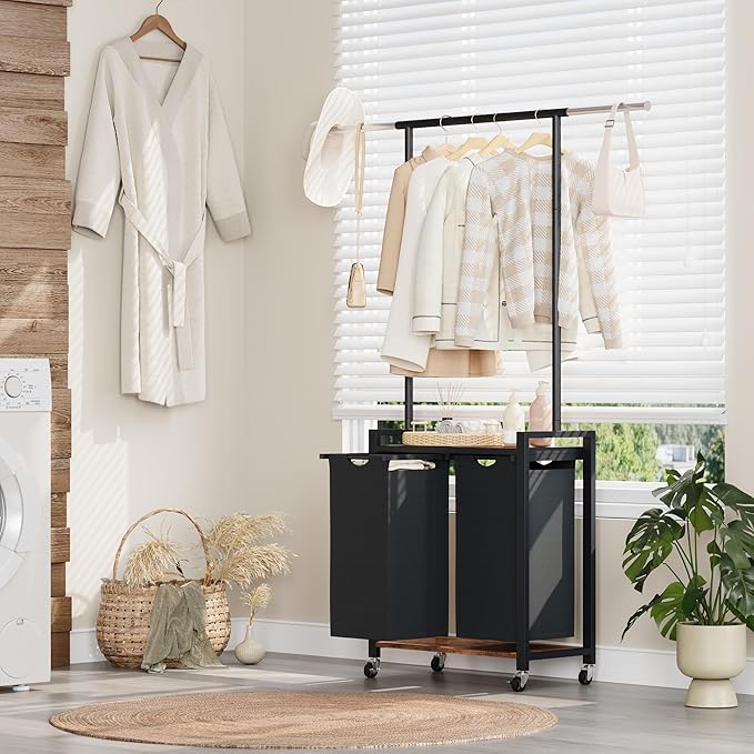 2-Section Rolling Laundry Sorter Cart with Hanging Rod & Utility Shelf, Large Capacity Lockable Wheels Laundry Hamper Basket Organizer for Laundry Room, Bathroom, Bedroom - Rustic Black