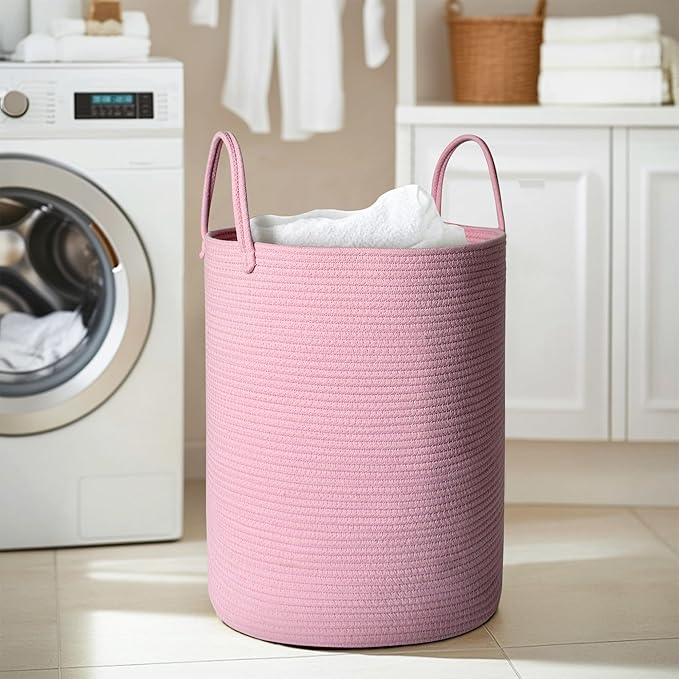 Large Pink Laundry Basket, 15"x18" Tall Blanket Storage for Living Room, Woven Cotton Rope Laundry Hamper for Girls Baby, Pink Room Decor Aesthetic, Decorative Clothes Hamper for Towels Toys