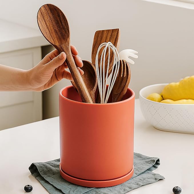 D'vine Dev 360° Rotating Utensil Holder – 7.2" Kitchen Utensil Crock for Countertop, Modern Cooking Tool Organizer for Kitchen Storage & Décor, Pumpkin, 72-X-E-2