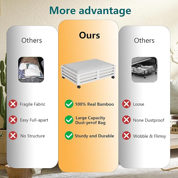 Wisuce Bamboo Under Bed Storage Containers- Underbed Organizer with Wheels with Large Dust Bag,Sturdy Wood Rolling Under the Bed Shoe Storage Organizer Drawer 2 Packs (White, Small)