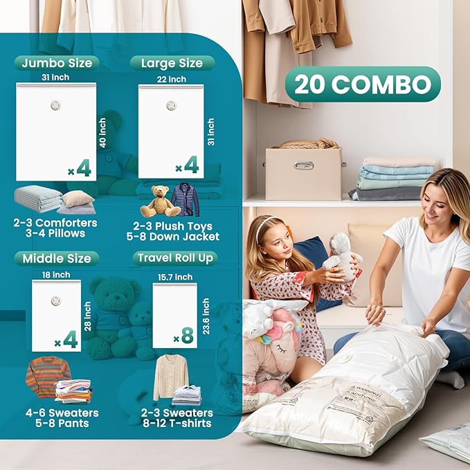TAILI 20 Pack Combo Vacuum Storage Bags, Vacuum Seal Bags for Clothing (4 Jumbo, 4 Large, 4 Medium, 8 Travel Roll), Space Saver for Bulky Clothing, Beddings, Comforters, Saving More Closet Space