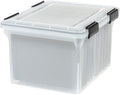 IRIS USA File Box WeatherPro Organizer Plastic for Letter/Legal, Water Resistant Document, Durable Lid, Seal w/Secure Latching Buckles, Stackable, Nestable, Clear 32 Qt. 1 Pack