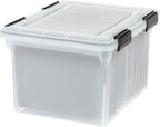 IRIS USA File Box WeatherPro Organizer Plastic for Letter/Legal, Water Resistant Document, Durable Lid, Seal w/Secure Latching Buckles, Stackable, Nestable, Clear 32 Qt. 1 Pack