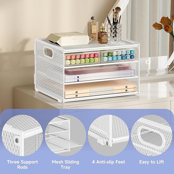 Subekyu Paper Letter Tray Organizer for Desk, White Metal Mesh Desk File Sorter Organizer with Handle and 2 Sliding Trays for Home Office School Supplies Organization
