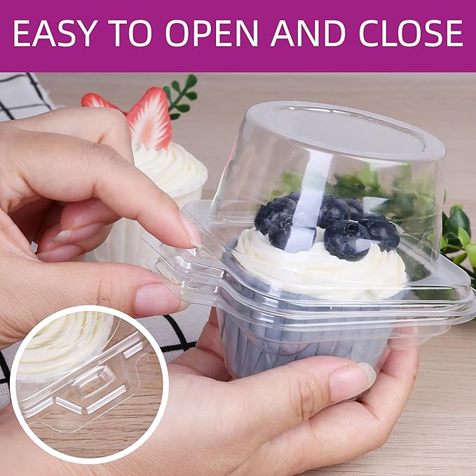LotFancy Individual Cupcake Containers, 100 Pcs Plastic Clear Cupcake Boxes, Disposable Single Cupcake Holders with Dome Lid, Stackable Muffin Carrier for Wedding Baby Shower