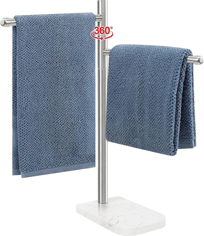 Hand Towel Holder, F-Shape Hand Towel Stand with Marble Base, Stainless Steel Swivel Hand Towel Rack Standing Towel Bar for Bathroom Kitchen Countertop, 2 Arms (Brushed Nickel)