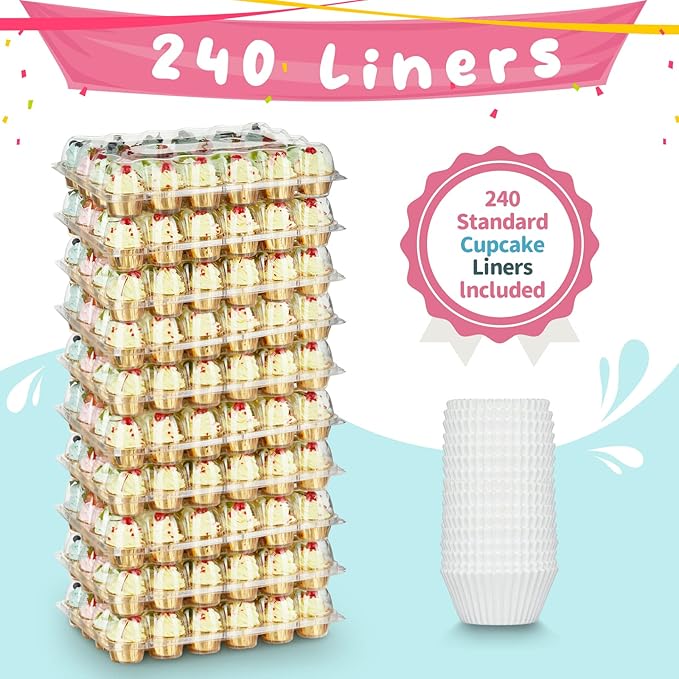 (24 Pack x 10 Sets) Stackable Cupcake Carrier Holders with 240 Pack Cupcake Liners, Plastic Cupcake Boxes Holders for 24 Cupcakes, High Tall Dome Lid Cupcake Containers, Clear Cupcake Trays