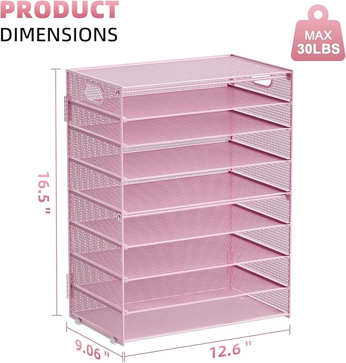 Marbrasse Paper Organizer Letter Tray, 9 Tier Mesh File Organizer with Handle, Paper Sorter Desk Organizer for Home Office Supplies - Pink