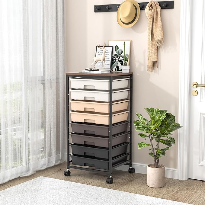 Rolling Storage Cart with Drawers, Rolling Drawer Cart and Wooden Tabletop,Storage Drawer Cart for Living Room,Classroom,Bedroom,Bathroom,Dorm,Office,Brown Gradient
