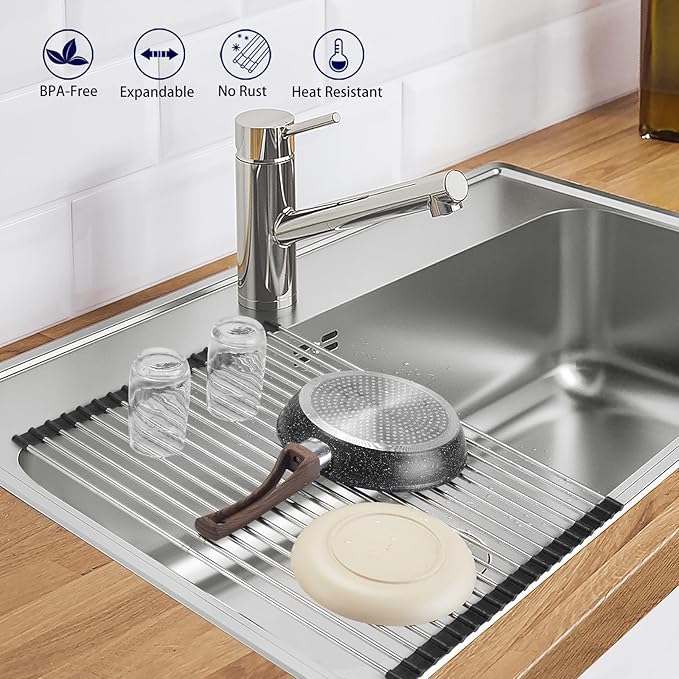 Roll Up Dish Drying Rack, Expandable Over The Sink Dish Drainer,Stainless Steel Kitchen Rolling Sink Rack Space Saving Dish Mat, Length Up to 22.3" (Black, Large Expandable)