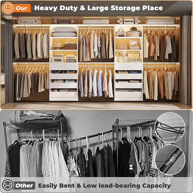 Aheaplus Closet System with Drawers Set of 2, Wood Closet Organizer System with 8 Hanging Rods & Top Shelves, Walk-in Closets Organizer Wardrobe Clothes Rack System, Cut Fits Spaces 4-9FT. Wide, White