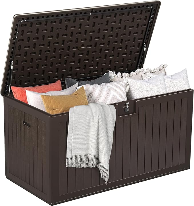 DWVO 150 Gallon Double-Wall Deck Box, XL Large Resin Outdoor Storage Box, Lockable & Waterproof, Double as Seating, 1000lbs Capacity (Brown)