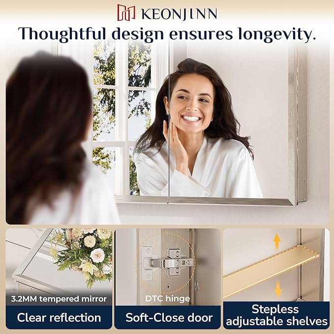 Keonjinn Medicine Cabinet Mirror 30" x 26", Assembly Needed, Brushed Nickel Bathroom Mirror with Storage, Beveled Aluminum Frame, Stepless Adjustable Shelves, Surface Mount or in Wall
