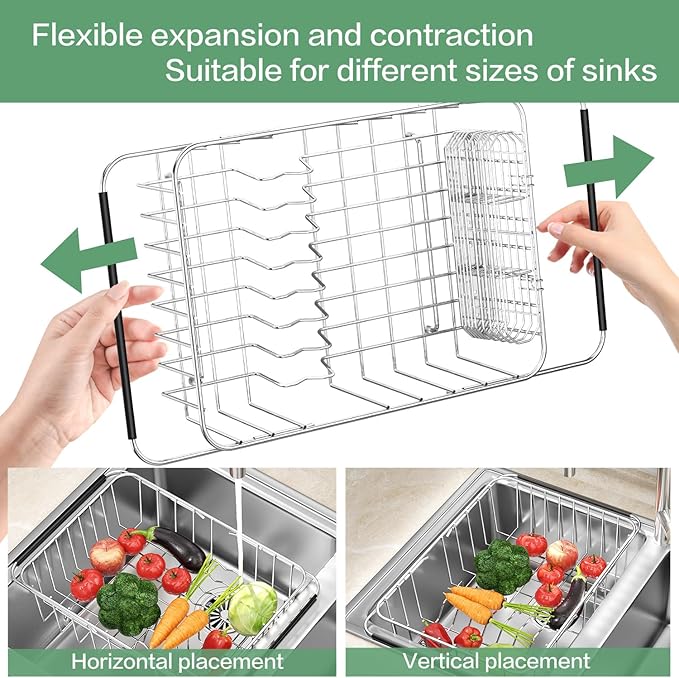 Large Dish Drainer Rack in Sink Adjustable, Expandable 304 Stainless Steel Metal Dish Drying Rack Organizer with Stainless Steel Utensil Holder Over Inside Sink Counter, Rustproof