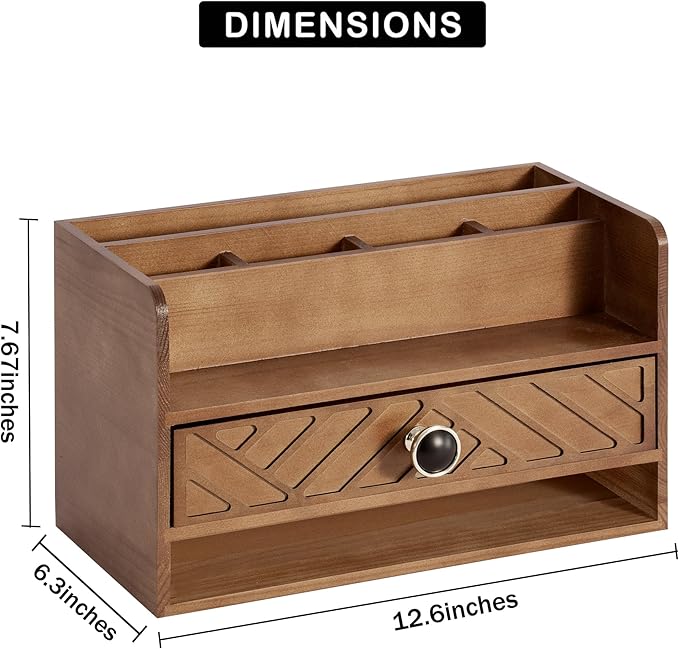 Brown Wood Desk Organizer and Accessories with Drawer, Bill Mail Organizer and File Mail Holder for Office Supplies, Desk Accessories & Workspace Organizers
