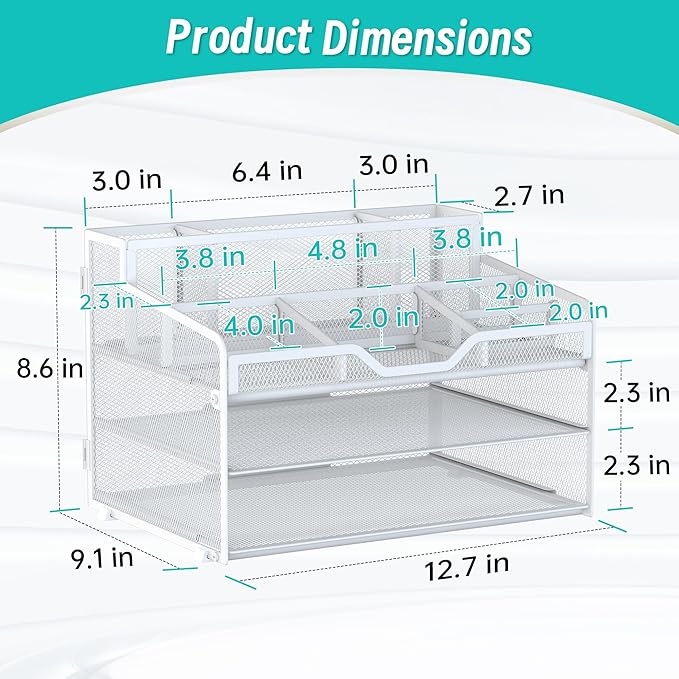 3 Tier Mesh Desk Organizer,Multi Functional Letter Paper Tray with 3 Pen Holders and 5 Adjustable Storage Compartments for Office Supplies Files and Mail Space Saving Desktop Organizer-White