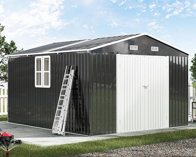 AMERLIFE 10x12x7 FT Outdoor Storage Shed with 2 Transparent Panels, Metal Garden Shed with Hinged Double Doors, 2 Windows & 4 Vents, Reinforced Steel Frame for Backyard, Garden, Dark Gray