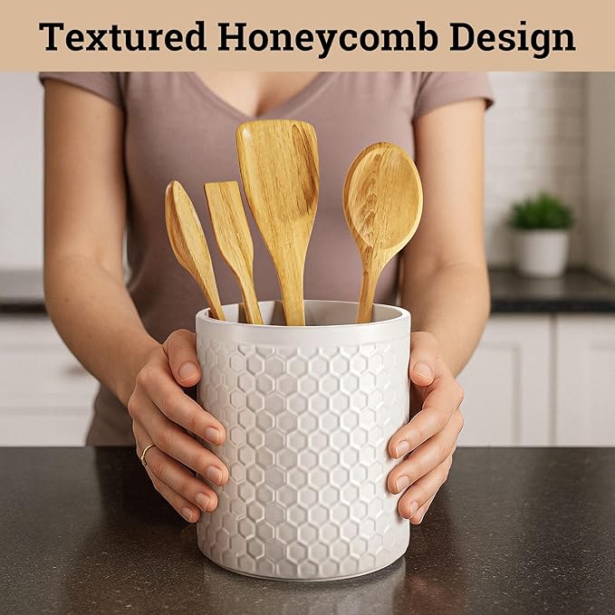 Ceramic Utensil Holder for Kitchen Counter with Anti-Slip Base - 5.5" Round x 6.5" Tall Kitchen Utensil Holder for Countertop - Holds up to 15 Pieces - Cooking Utensils Container - Vase for Utensils