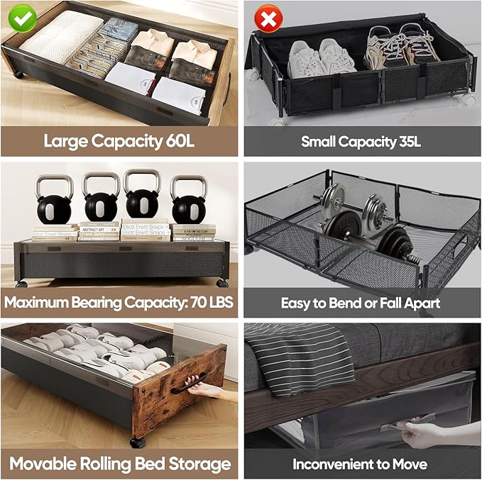 KITHELP Under Bed Storage with Wheels, Wooden Under Bed Drawers 2 Packs, Rolling Underbed Storage Containers Organizer with Handle Removable Lid, Heavy Duty Metal Frame for Clothes Shoe Books(Black)