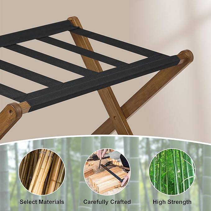 VASMIA Luggage Rack, Folding Suitcase Stand with Storage Shelf,Bamboo Luggage Stand for Guest Room,Bedroon and Hotel,Holds up to 131 lb,Fit Most Luggage Size,Walnut