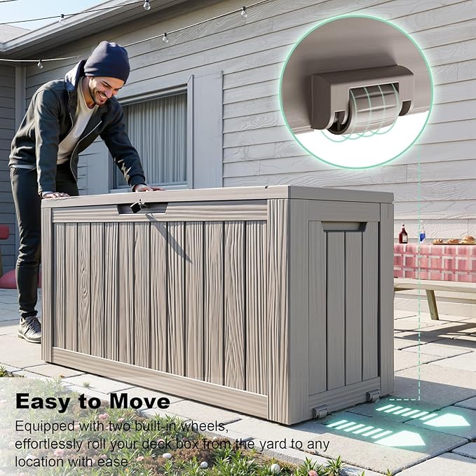 90 Gallon Deck Box Outdoor, Waterproof Outdoor Storage Boxes with Lids, Outside Resin Lockable Storage Box for Patio Cushions, Garden Tools(Grey)