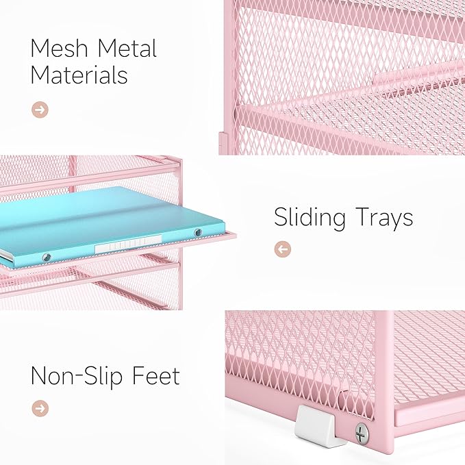 Lavatino 3-Tier Letter Tray Desk Paper Organizer – Pink Mesh Metal File Tray Organizer for Desk, Office Supplies & Home Organization | Fits A4/Letter Paper, Mail, Magazines and Office Accessories