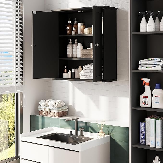 Meilocar Bathroom Wall Cabinet, Bathroom Cabinet Wall Mount, Over Toilet Space Saver Storage Cabinet, Wood Medicine Cabinets, Black