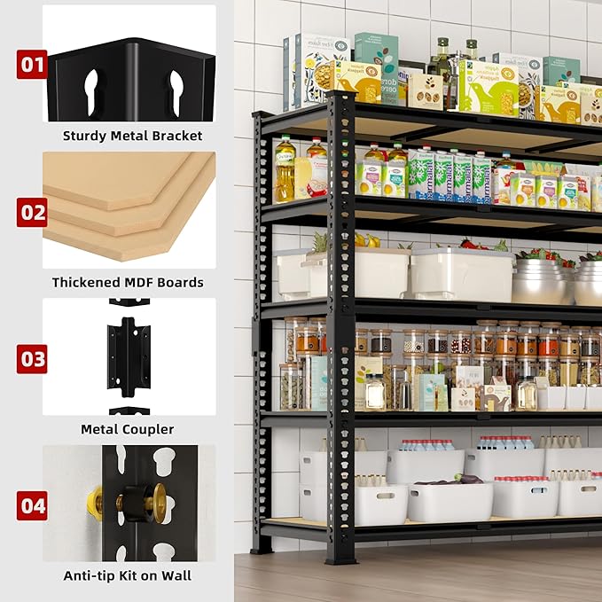 3 Packs 48" W x 24" D x 72" H Adjustable Garage Storage Shelves - 5-Shelf Heavy Duty Shelving Unit, Metal Utility Storage Organizer Racks for Warehouse Pantry Closet Kitchen, Black